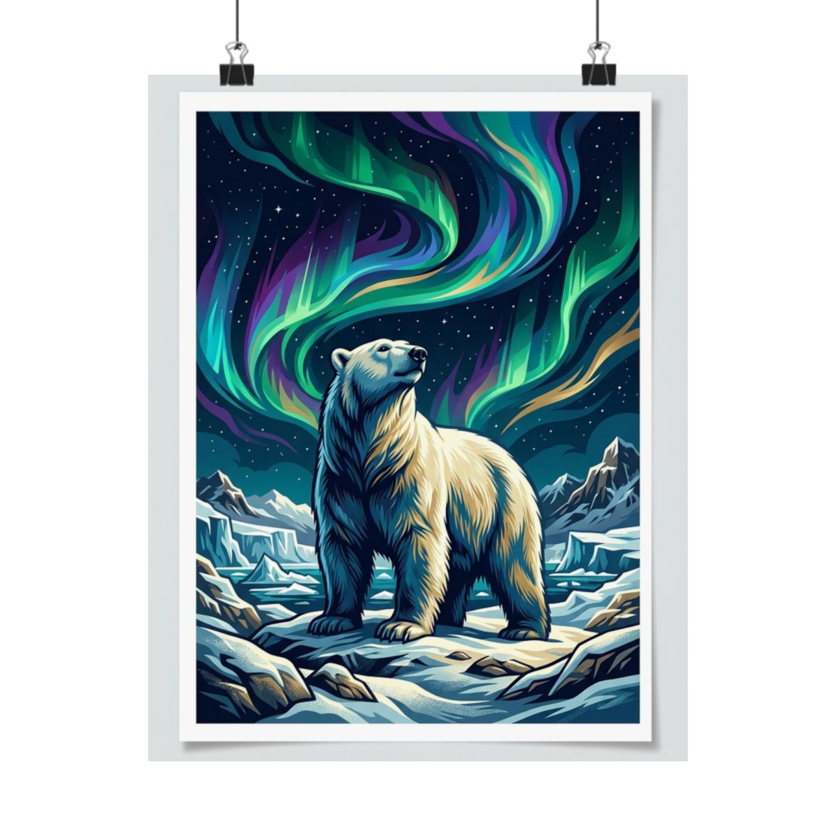 Arctic Polar Bear Under Aurora Borealis - Poster