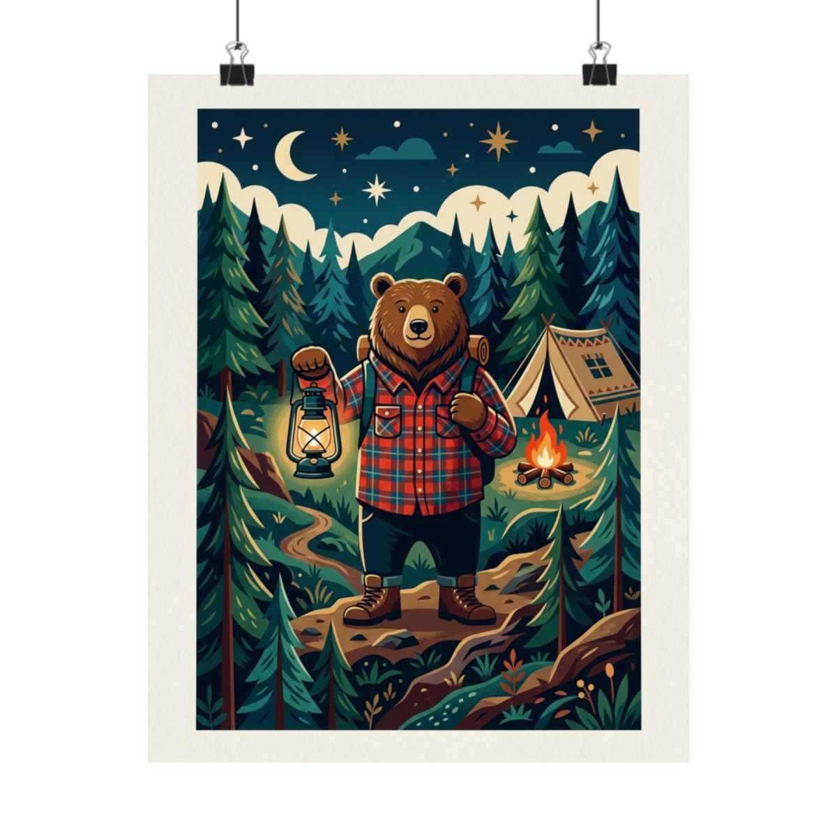 Camping Bear With Lantern - Poster