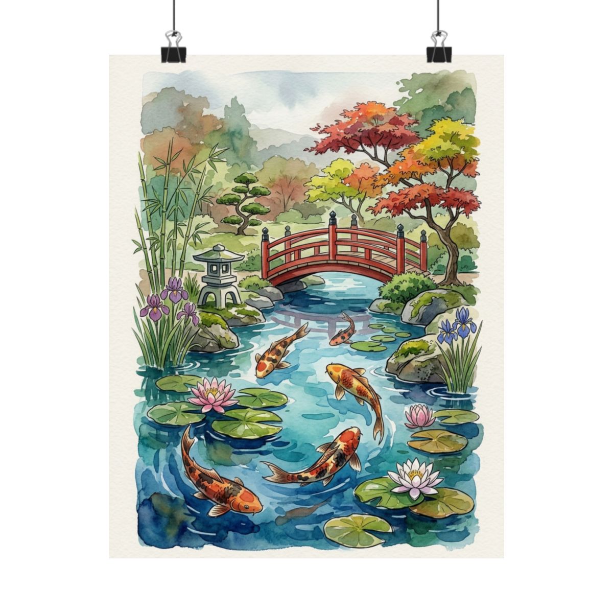 Koi Pond Japanese Garden Watercolor - Poster