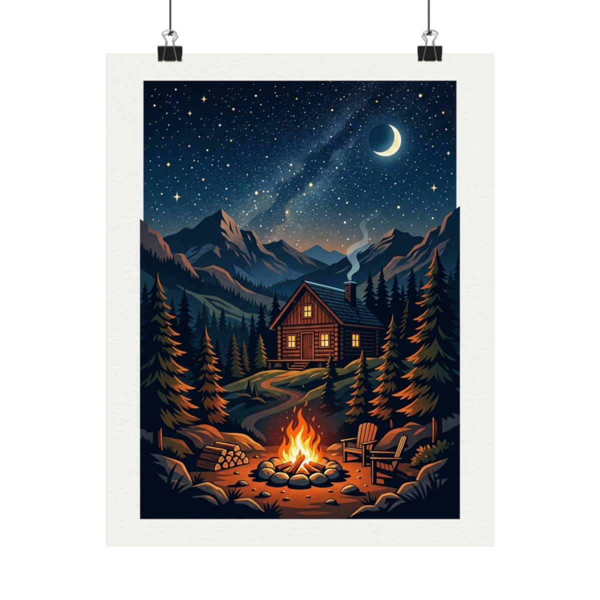Mountain Cabin Campfire Under Stars - Poster