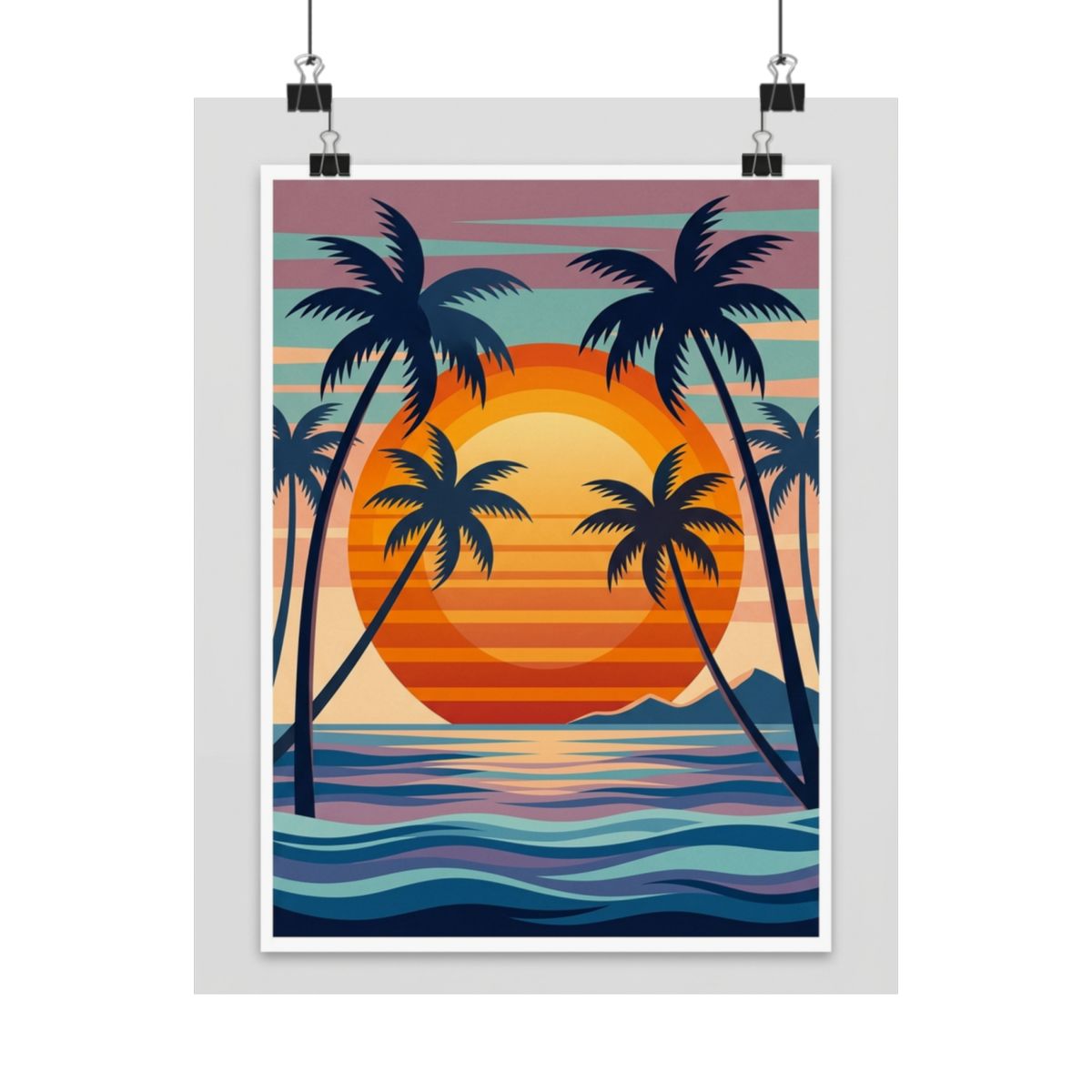 Retro Sunset Palm Tree Ocean - Poster