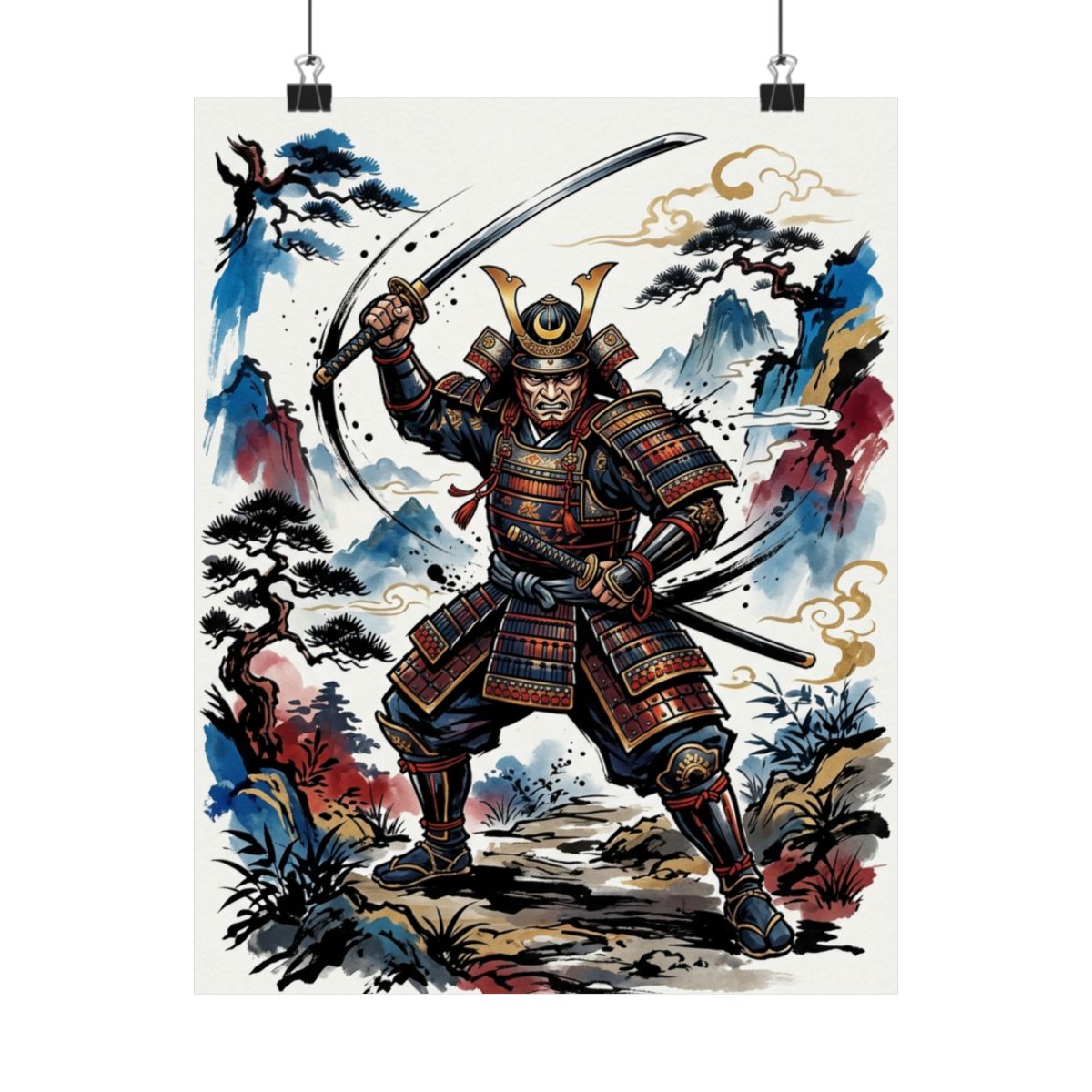 Samurai Warrior Ink Wash Painting - Poster