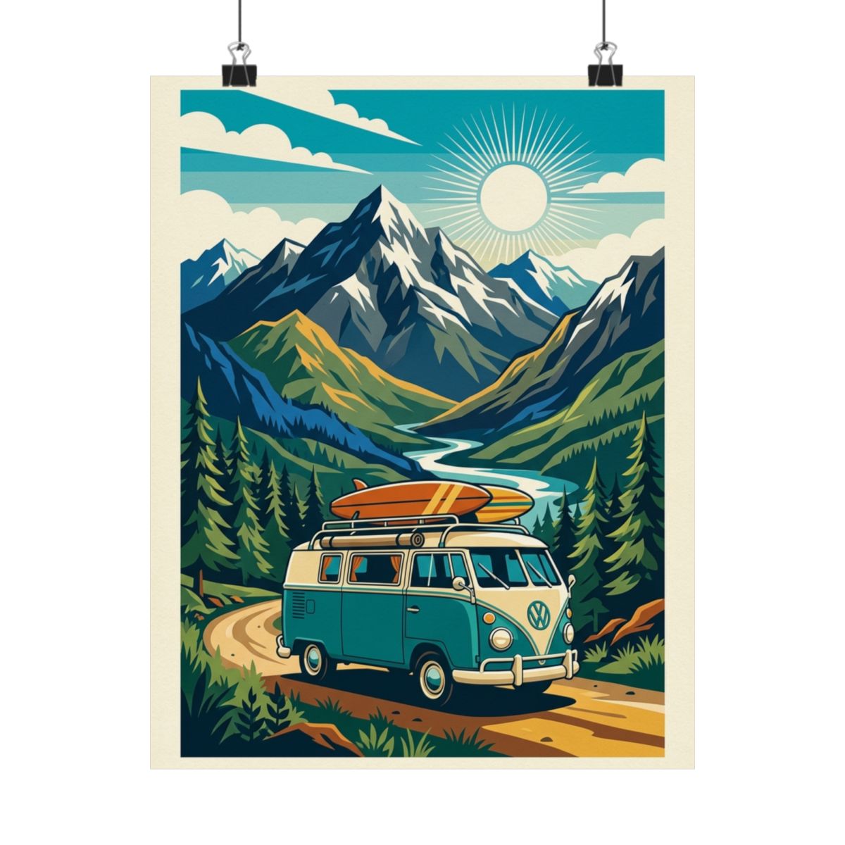 Vintage Travel Camper Van Mountains - Poster